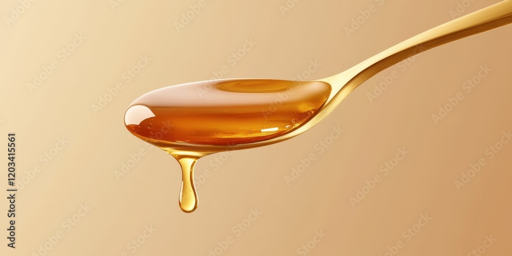 Golden syrup dripping from spoon on beige