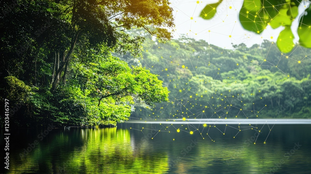 Obraz premium A diagram of carbon-neutral processes overlaid on a serene natural background. Copy space.