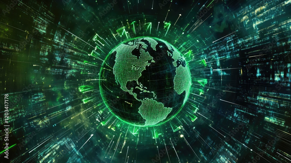 A digital rendering of a globe surrounded by green arrows, symbolizing sustainable business operations. Copy space. A digital rendering of a globe surrounded by green arrows, symbolizing sustainable business operations. Copy space.