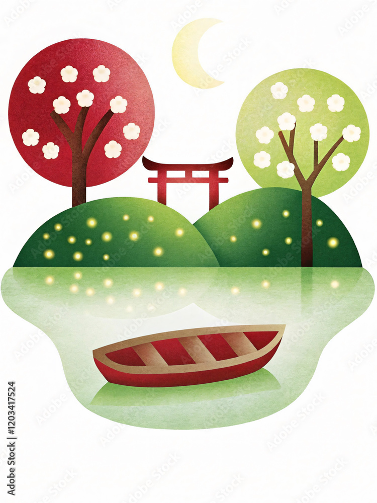 Fototapeta premium Tranquil Landscape with Boat, Torii Gate, Trees, and Reflections
