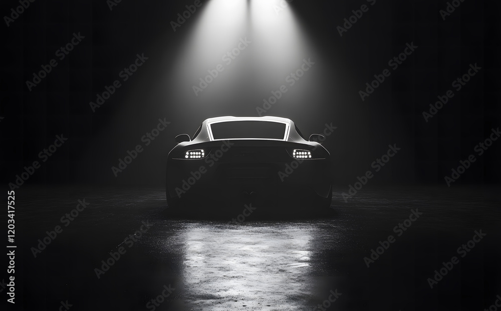 Luxury Sports Car Front View with Headlights Illuminated in Dark Studio Luxury Sports Car Front View with Headlights Illuminated in Dark Studio