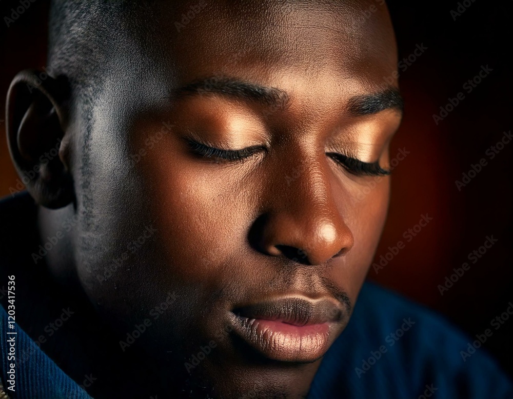 A close-up portrait of a Black gay man with a sad expression, looking downward with teary eyes. A close-up portrait of a Black gay man with a sad expression, looking downward with teary eyes.