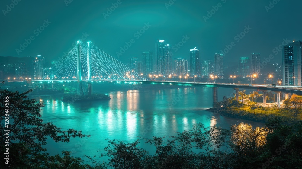 A futuristic city bridge illuminated by energy-efficient LED lights and smart monitoring systems. Copy space. A futuristic city bridge illuminated by energy-efficient LED lights and smart monitoring systems. Copy space.