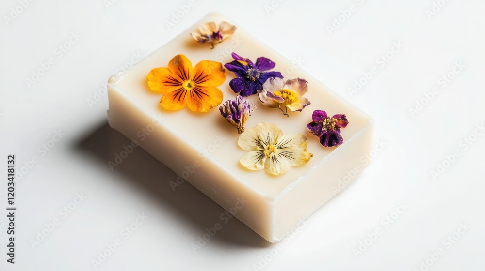 A soap bar embedded with decorative dried flowers, isolated on a clean white background. A soap bar embedded with decorative dried flowers, isolated on a clean white background.