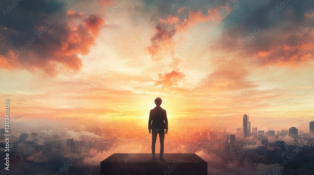 Fototapeta premium Ambitious Entrepreneur at Sunrise, Young visionary on city rooftop, dawn light representing hope and opportunity, urban skyline in background
