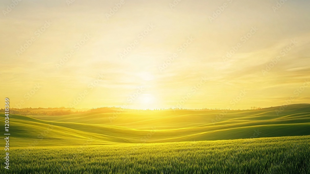 Fototapeta premium Golden Hour Sunset Over Rolling Green Hills Landscape
