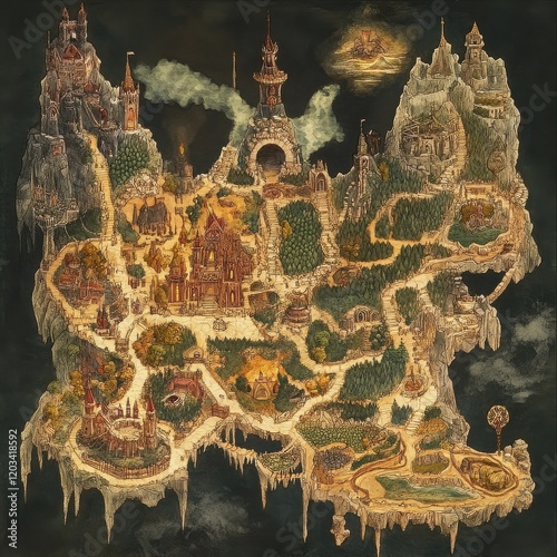 Enchanted Island Kingdom Map: A whimsical, hand-drawn map depicts a fantastical island kingdom, complete with castles, forests, and winding paths, evocative of fairytales and adventure.