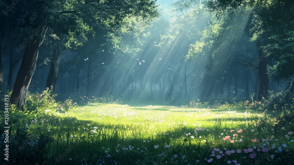Obraz premium Calm woodland clearing with rays of sunlight and open sky for text
