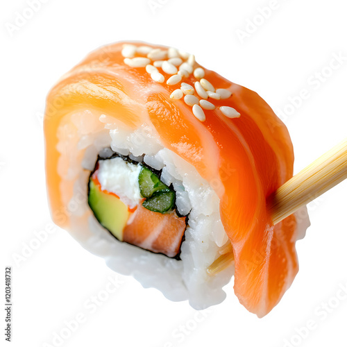 sushi salmon maki and chopsticks on transparent background photo