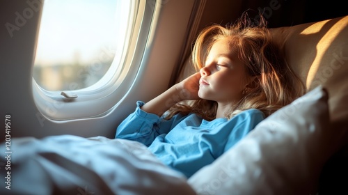 A tranquil scene of a young girl resting comfortably by the airplane window as sunlight streams inside, capturing the essence of relaxation and adventure during travel.
