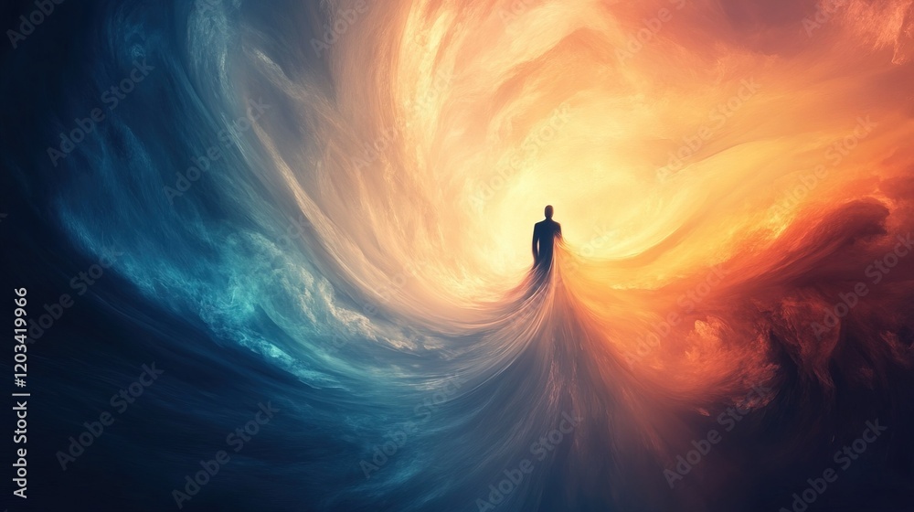Dynamic Leadership Convergence, vibrant lines merging towards a luminous figure, symbolizing the essence of guidance and influence.