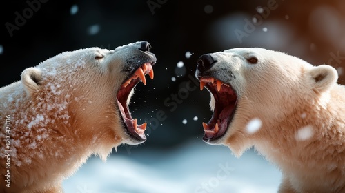 Two polar bears are roaring fiercely at each other, showcasing their strength and dominance in a snow-covered Arctic environment, capturing wild nature's raw emotion. photo