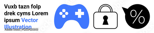 Game controller, lock, and percentage icons, each representing gaming, security, and finance. Ideal for websites, mobile apps, marketing materials user interfaces cybersecurity online