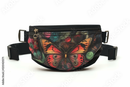 Black fanny pack with colorful butterfly and flower print laying on a white background photo