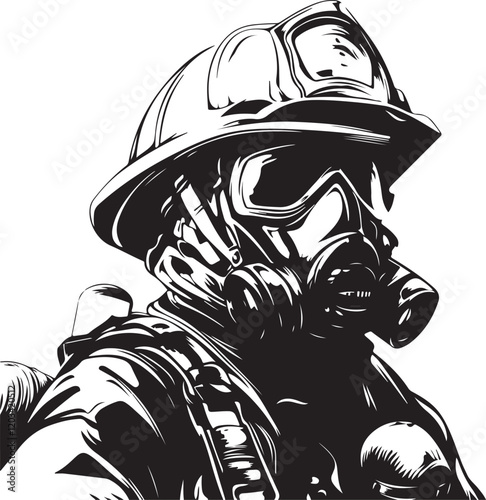 black and cartoon illustration of a firefighter