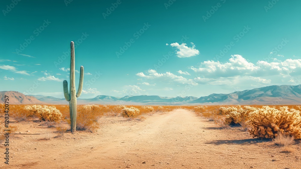 Desert landscape with a single cactus, empty horizon for copyspace Desert landscape with a single cactus, empty horizon for copyspace