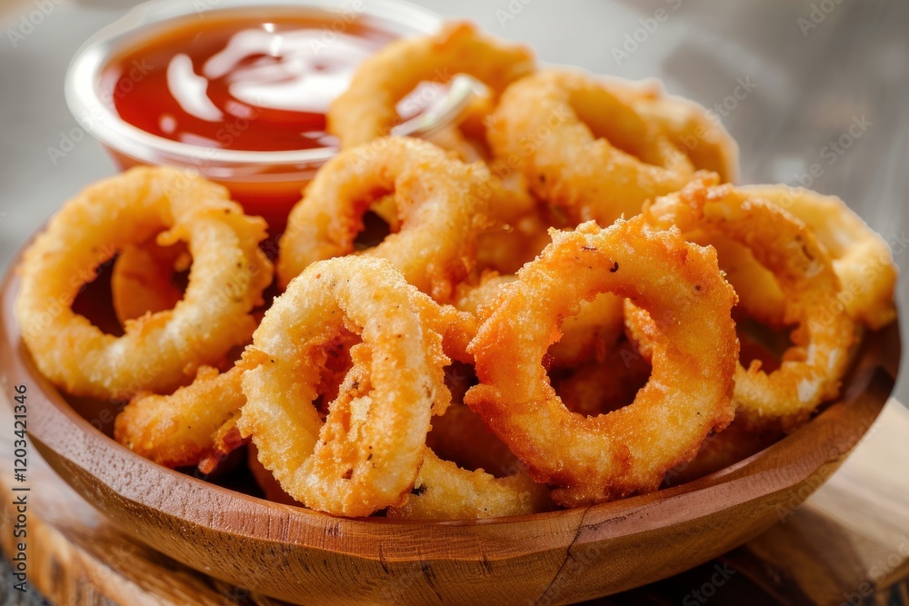Delicious onion rings with a crispy golden crust, served with a spicy ketchup dip in a wooden bowl, perfect for sharing as an appetizer or snack
