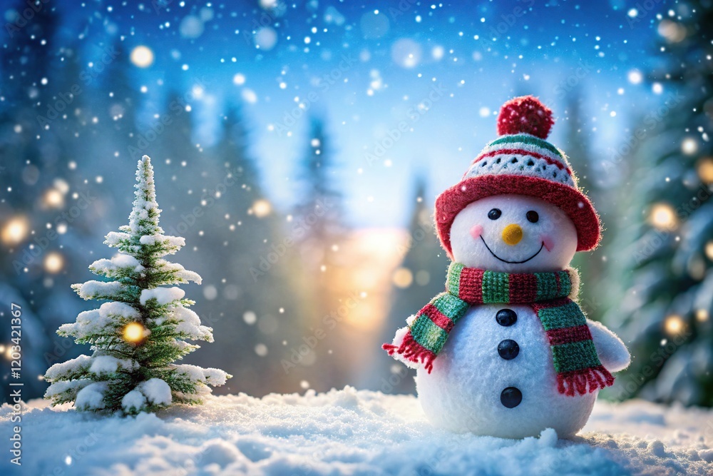 Snowman and Evergreen Tree in Winter Setting Snowman and Evergreen Tree in Winter Setting