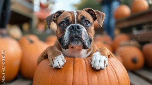 A cute dog resting on a pumpkin amidst autumn décor creates a heartwarming and cheerful fall atmosphere, perfect for seasonal themes in photography. photo