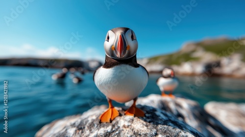 A close-up of an adorable puffin stands on a rock, framed by the ocean’s blue waters, evoking feelings of joy and wonder within a serene coastal landscape.