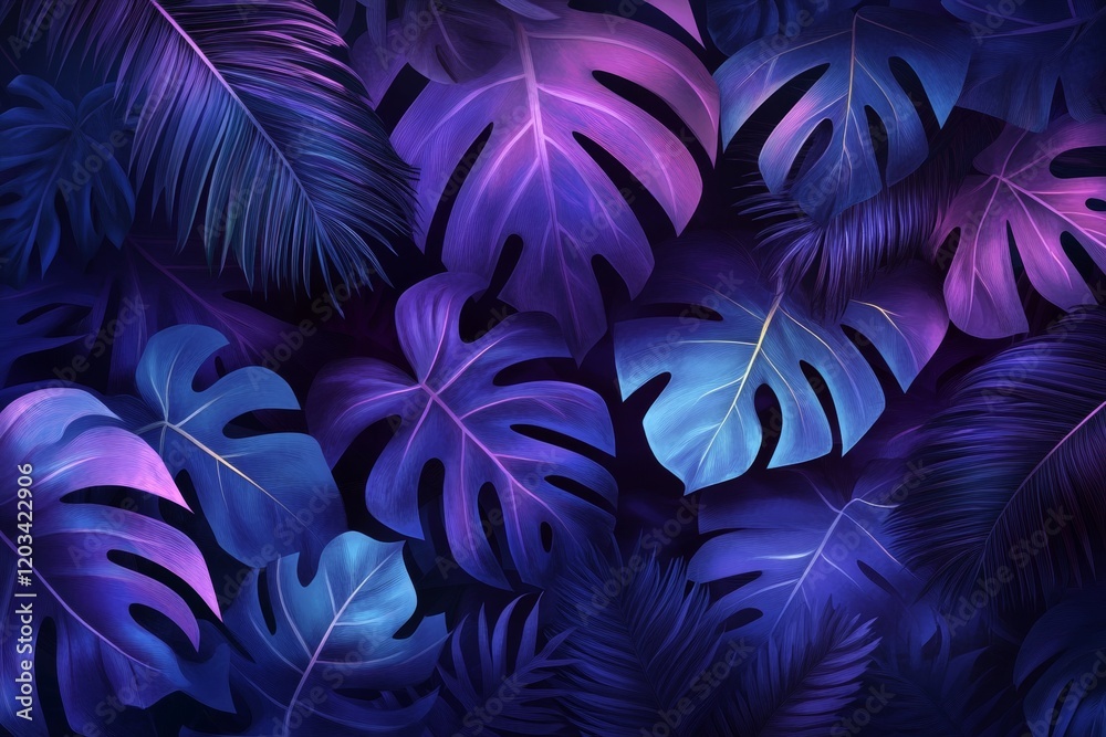 A forest with purple leaves and a blue sky