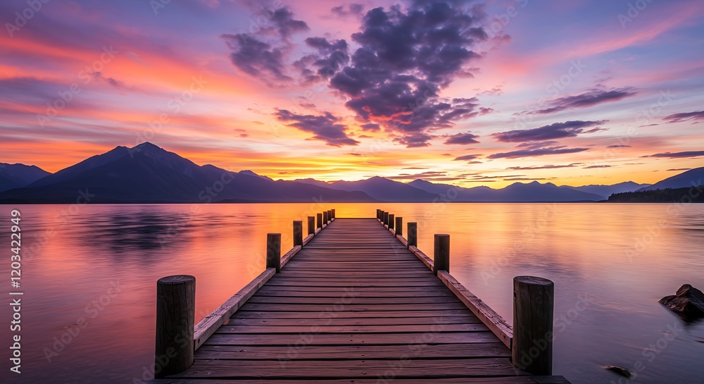 Fototapeta premium Long Pier Leading Out onto Lake at Sunrise Generative AI