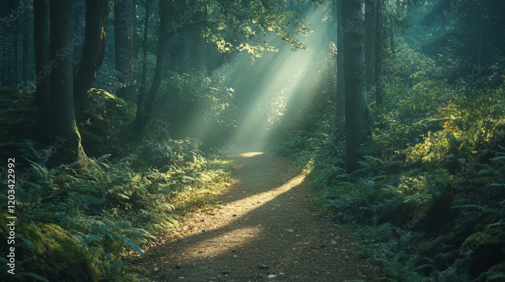 Obraz premium Empty forest path with sunlight streaming through, central copyspace