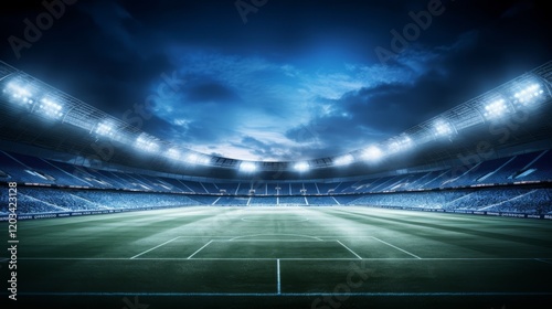 Football stadium at night with bright lights and dark sky.