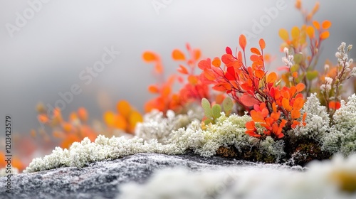 Arctic Ecosystem, vibrant mosses and lichens thrive on icy terrain, showcasing resilience in extreme conditions, a striking natural wonder. photo