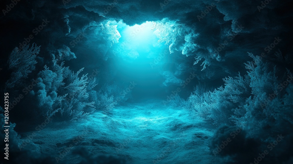 Obraz premium Arctic ice cave with shimmering crystalline plants glowing in ethereal light, a breathtaking natural wonder of the frozen landscape