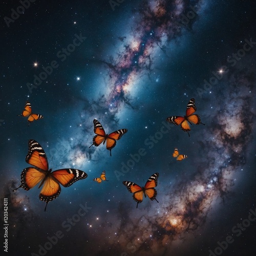 Butterflies with galaxy-themed wing patterns.
