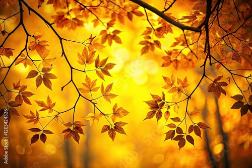 Abstract autumn background: falling yellow leaves, silhouetted branches, seasonal charm.