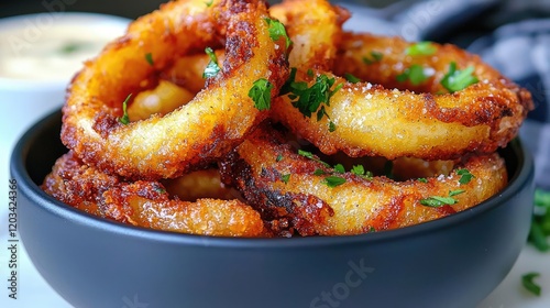 Crispy onion rings in a bowl, garnished with parsley. Food blog, recipe website use