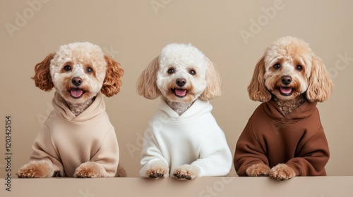 Three adorable poodles, dressed in stylish hoodies, sit together in a charming display that highlights their playful personalities and lovable expressions.