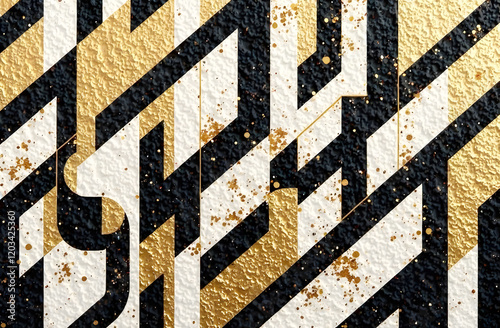 Abstract Geometric Pattern with Gold Highlights. Abstract black, white, and gold geometric pattern featuring textured surfaces and metallic highlights for a luxurious design.