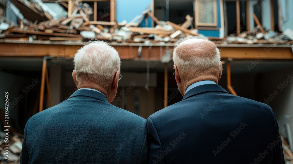 The image captures two elderly men standing solemnly, reflecting on the destruction caused by a recent disaster, emphasizing loss and contemplation in the scene. The image captures two elderly men standing solemnly, reflecting on the destruction caused by a recent disaster, emphasizing loss and contemplation in the scene.
