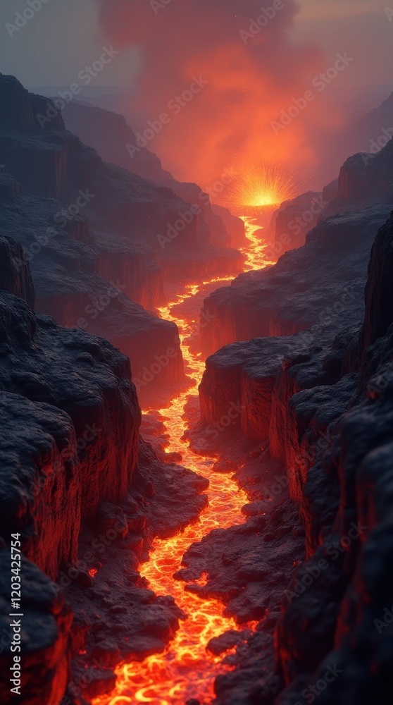Fototapeta premium Dramatic Volcanic Landscape with Flowing Lava