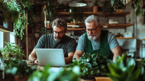In a lush, green room filled with plants, two older men work together at a laptop, showcasing collaboration and creativity in a calming environment. photo