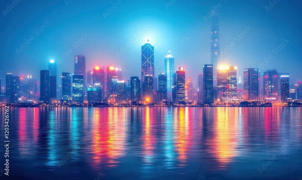 Fototapeta premium Stunning Night View of a Futuristic Urban Skyline with Skyline Reflections in Water Under Atmospheric Fog and Colorful Lights in a Vibrant Metropolis