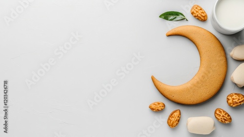 Ramadan Kareem illustration featuring qatayef shaped like a crescent moon symbolizing traditional Ramadan sweets Top view with copy space photo