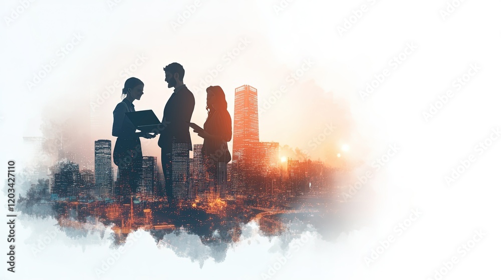 Fototapeta premium Business team collaborating on growth strategies in a modern office, utilizing technology for market expansion with a cityscape backdrop