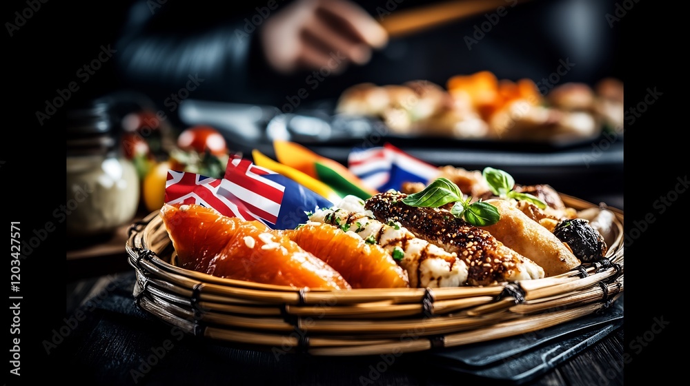 Delicious assorted appetizers beautifully arranged in rustic basket warm inviting light. AI Generated Delicious assorted appetizers beautifully arranged in rustic basket warm inviting light. AI Generated