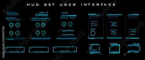 Digital electronic HUD panel with set vector holographic frames for user interface. HUD, GUI elements. Text frames. Modern dialog boxes for streaming. Interface hud set