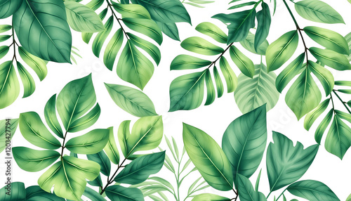 Green tropical leaves on white background. Watercolor hand painted seamless border. Floral tropic illustration. Jungle foliage pattern, simple style
