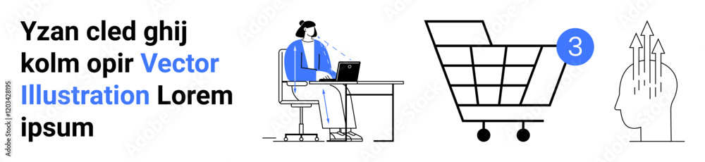 Person with laptop at desk, shopping cart with notification, and head with arrows. Ideal for e-commerce, online shopping, work productivity, digital marketing, decision-making, modern lifestyle Person with laptop at desk, shopping cart with notification, and head with arrows. Ideal for e-commerce, online shopping, work productivity, digital marketing, decision-making, modern lifestyle