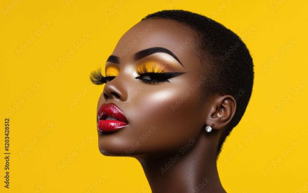 A close-up of a woman with dramatic makeup, set against a bright yellow background that brings out her vibrant expression. A close-up of a woman with dramatic makeup, set against a bright yellow background that brings out her vibrant expression.