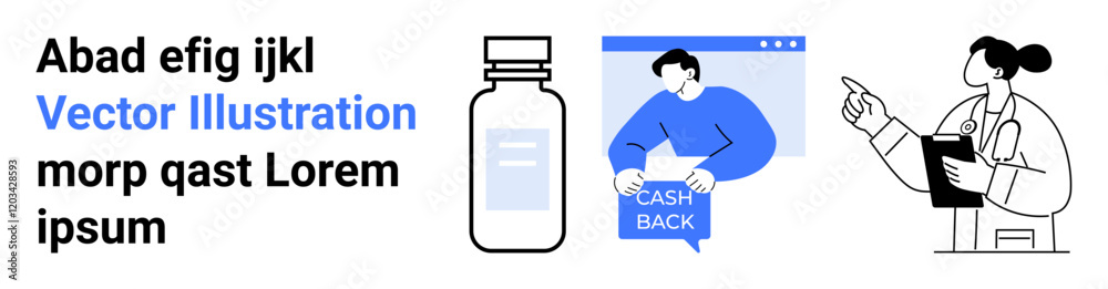 Bottle beside man with cashback sign on a browser window and female doctor pointing with clipboard. Ideal for medical, e-commerce, healthcare, online shopping, pharmaceuticals, web design, digital Bottle beside man with cashback sign on a browser window and female doctor pointing with clipboard. Ideal for medical, e-commerce, healthcare, online shopping, pharmaceuticals, web design, digital