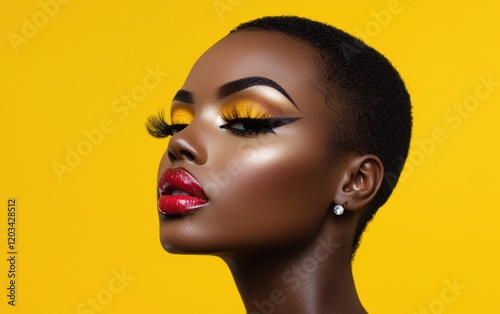 A close-up of a woman with dramatic makeup, set against a bright yellow background that brings out her vibrant expression.