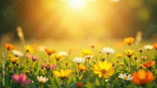 Golden Hour Meadow Vibrant Wildflowers Basking in Warm Sunlight