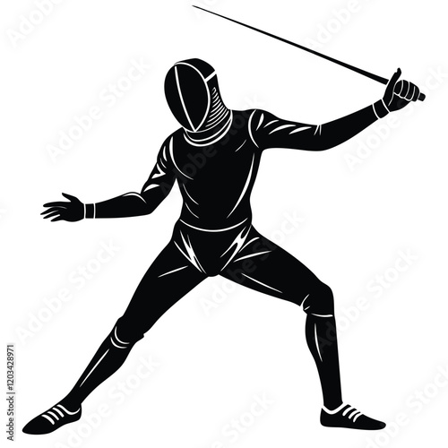A dynamic vector silhouette of a fencer in a duel stance, poised and ready to engage 